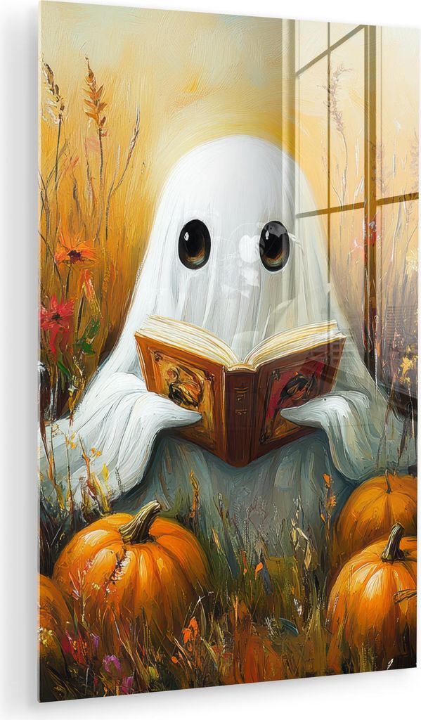 MuchoWow Glasbilder - Bilder auf Wandbild - Foto auf Glas Halloween - Geist - Herbst - Kürbis - Blumen - Natur 40x60 cm Wanddekoration aus Glas - ...
