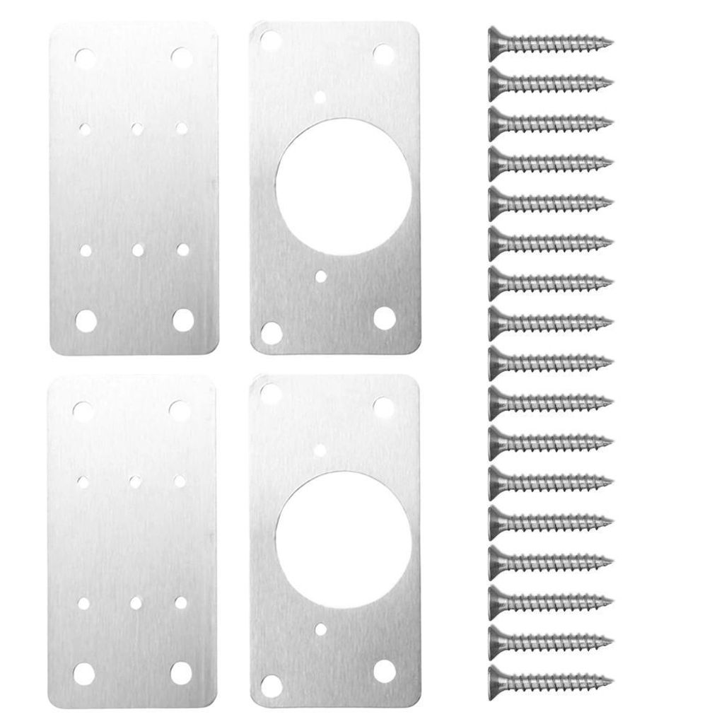 A set of four metal hinge repair plates and a group of screws, arranged on a white background.