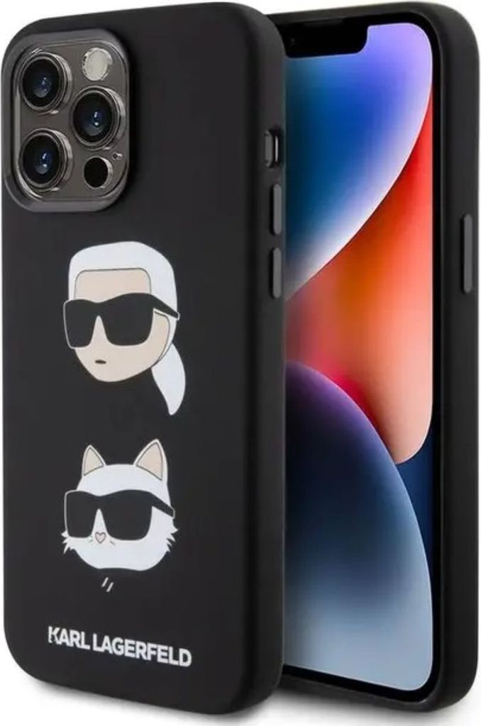A black iPhone case with Karl Lagerfeld and Choupette illustrations is shown next to an iPhone.