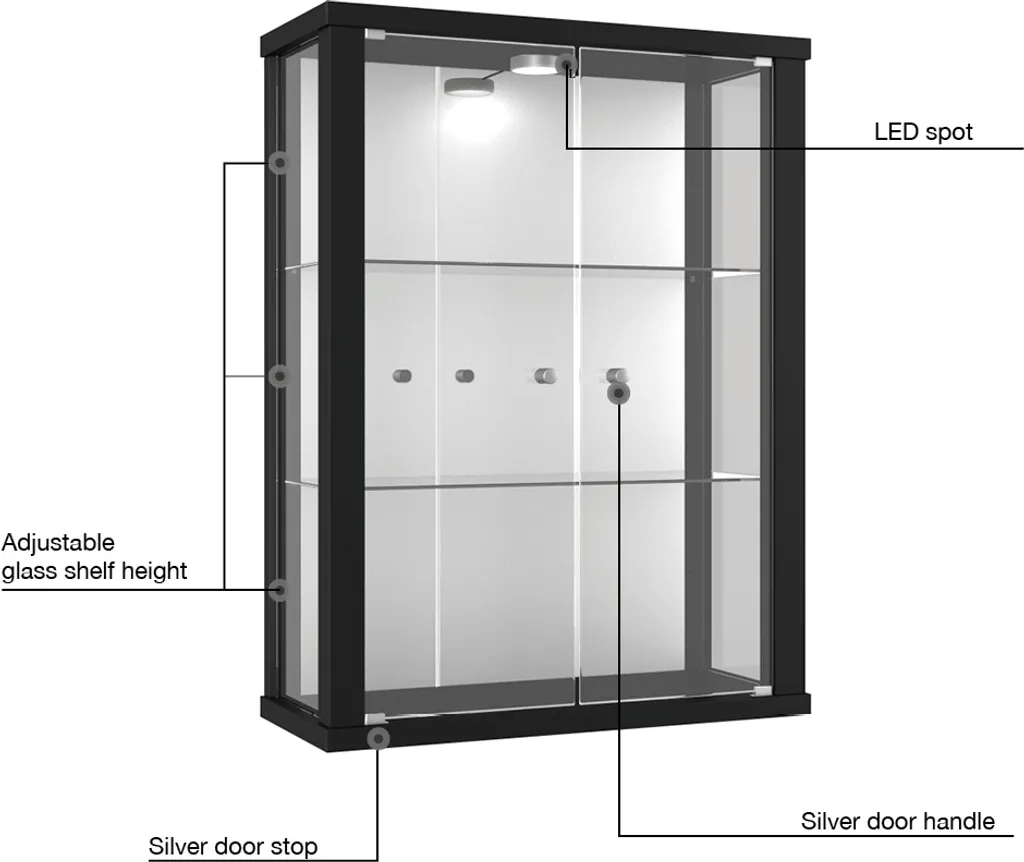 K-Möbel Vitrine Suspendue Noire 80x60cm avec Miroir et Éclairage LED - 9