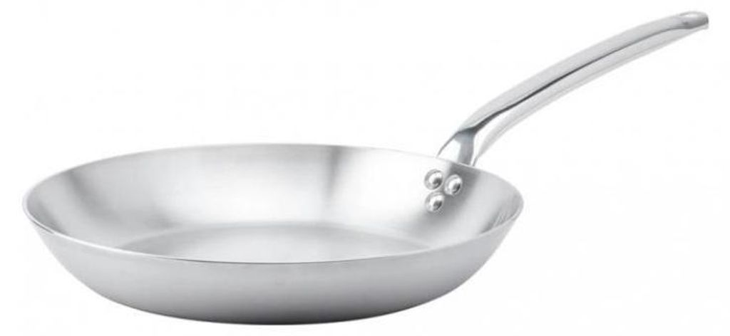 A silver frying pan on a white background.