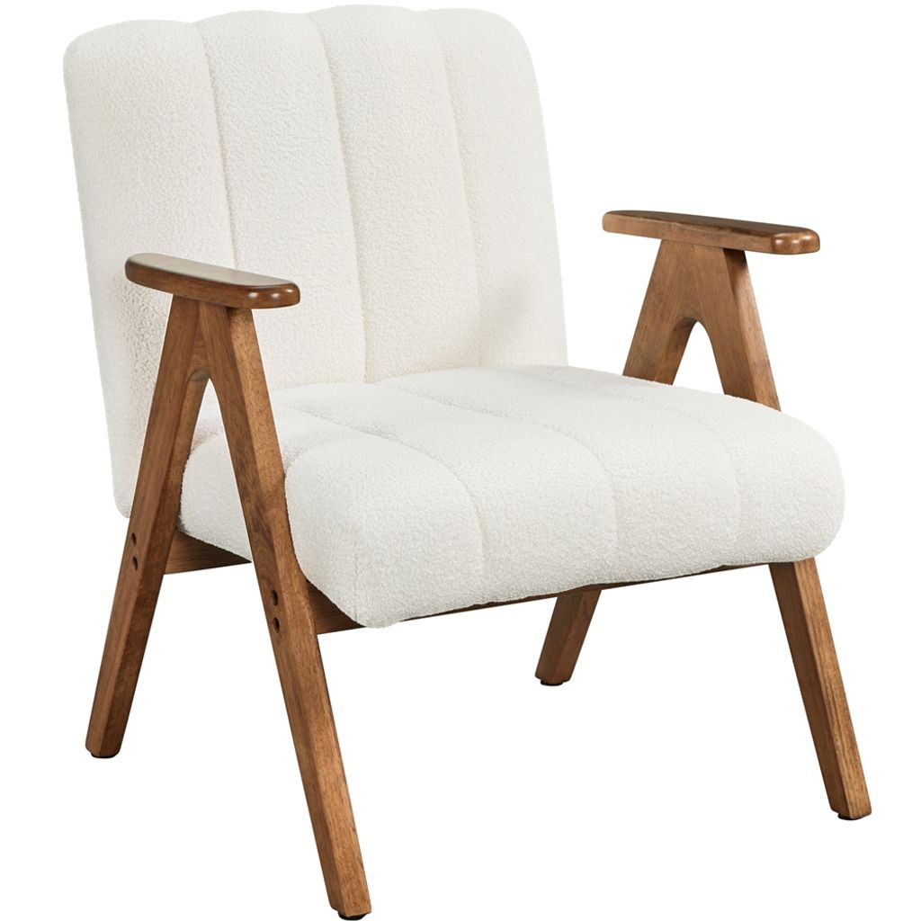 Yaheetech Sessel Loungesessel Polstersessel mit Armlehnen & Holzbeinen, aus Boucle-Gewebe, bis 136 kg belastbar, Weiß