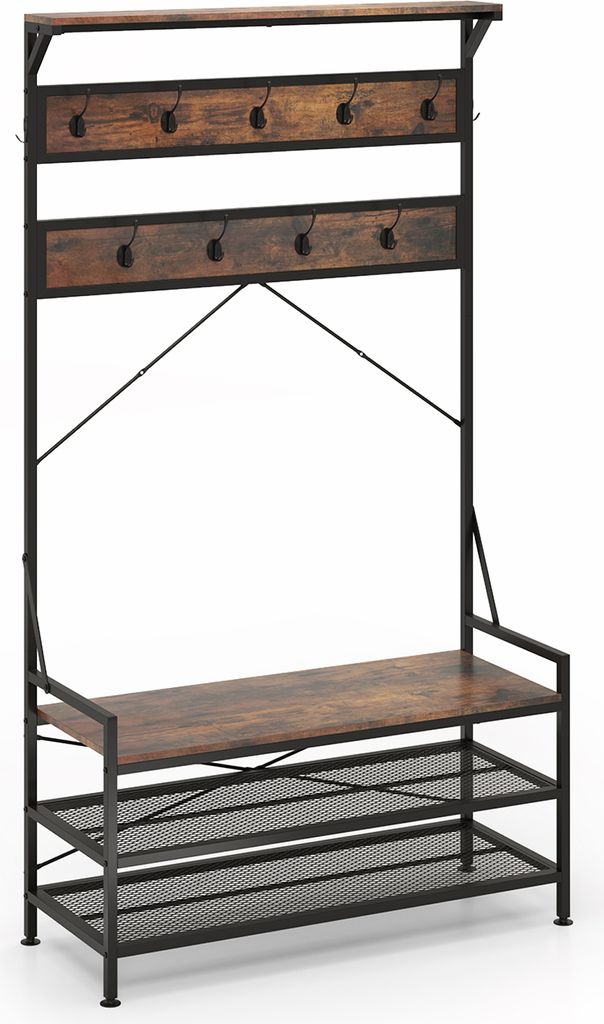 A freestanding coat rack and shoe bench with a rustic wood and metal design.