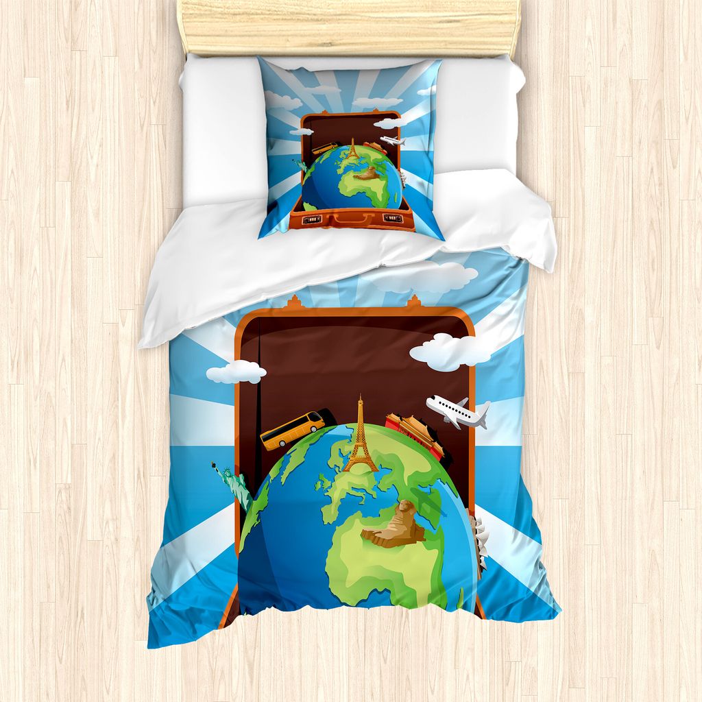 ABAKUHAUS Reise Bettbezug Set für Einzelbetten, Globe in einem Urlaub Koffer, Milbensicher Allergiker geeignet mit Kissenbezug, 135 cm x 200 cm - ...