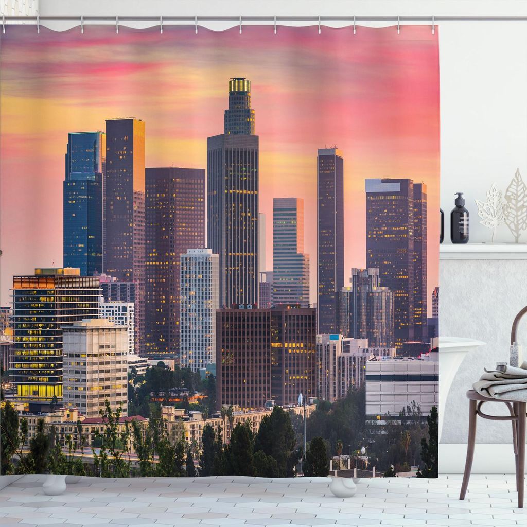 ABAKUHAUS Stadt Duschvorhang, Schönes Los Angeles Kalifornien Skyline mit modernen Gebäuden und ein orange Himmel, 175 x 180 cm, Mehrfarbig