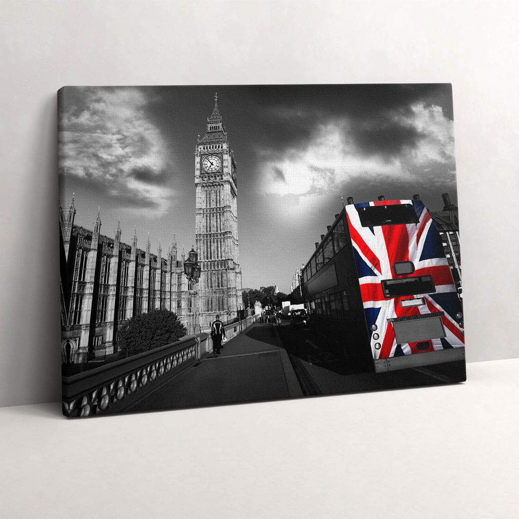 Big Ben und ein Bus in London – Leinwandbild Wandbild – 80x60 cm – Leinwandbilder – Wandbilder – Schlafzimmer – Flur