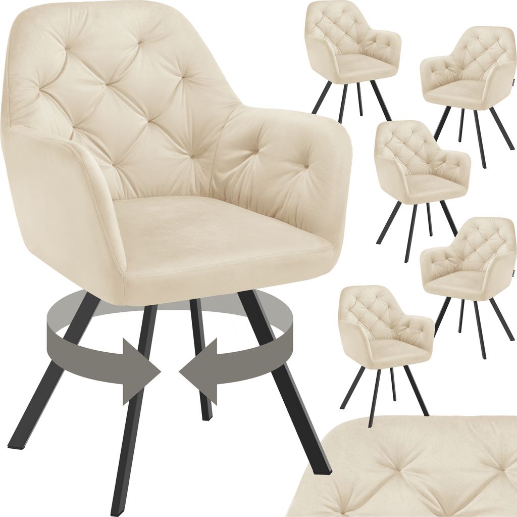 A collage of cream-colored velvet armchairs with tufted detailing and black metal legs. The main image shows a single chair with a circular arrow overlay indicating it is rotatable. Smaller images show multiple chairs from different angles.