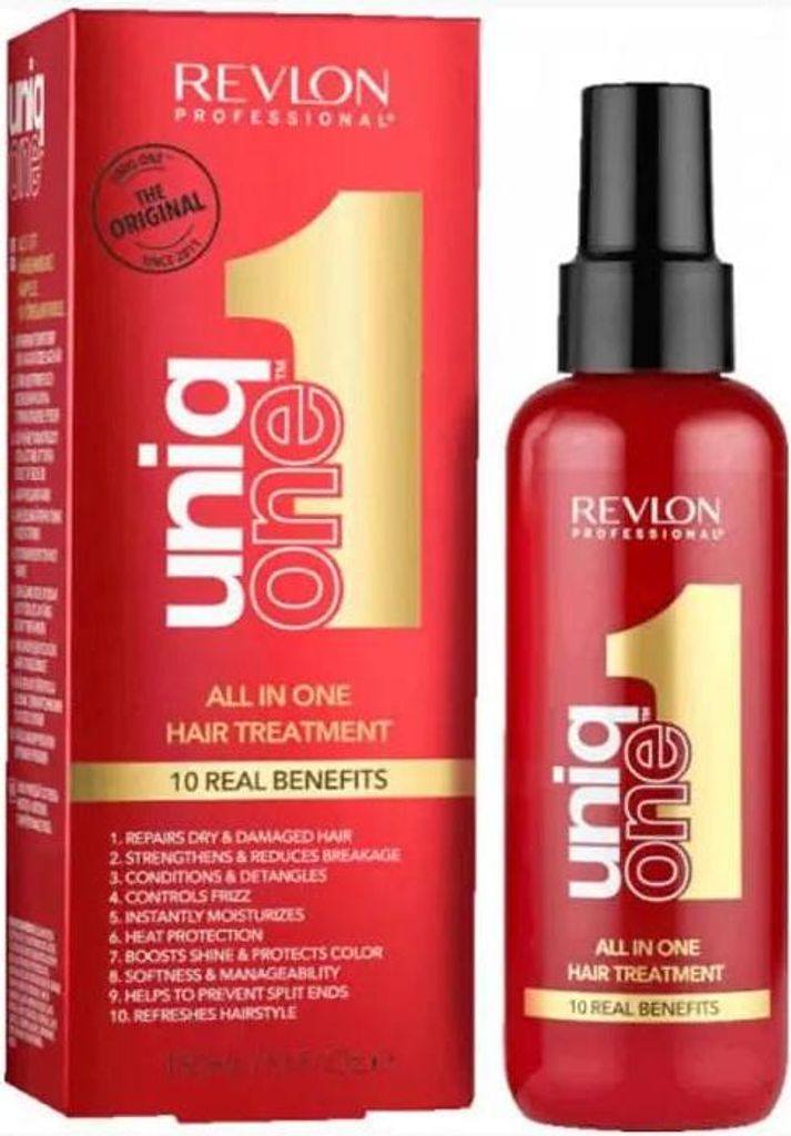 A product box and bottle of Revlon Uniq One All In One Hair Treatment.