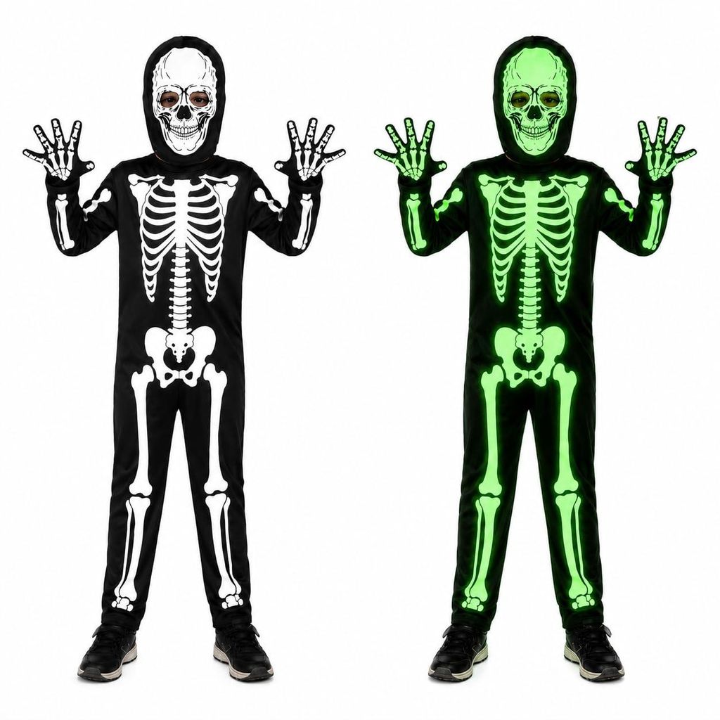 Skelett Kostüm Kinder – Halloween Kostüm leuchtet im Produktbild 