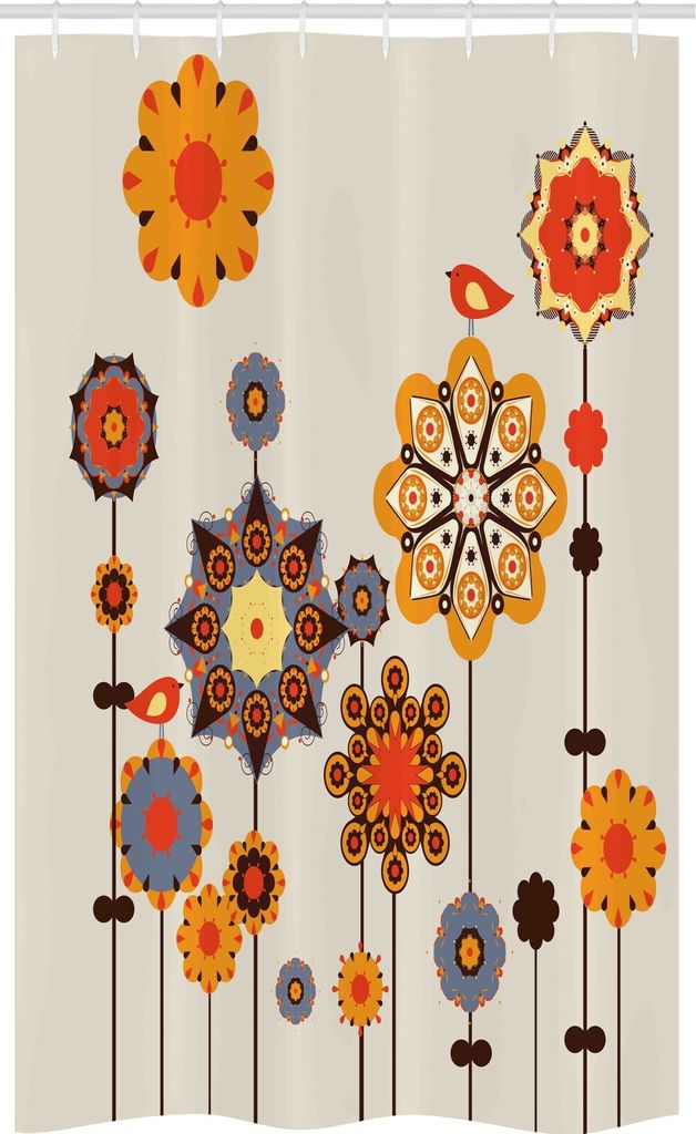 ABAKUHAUS Blumen Schmaler Duschvorhang, Eastern Floral Design, Badezimmer Deko Set aus Stoff mit Haken, 120 x 180 cm, Beige orange Blaugrau