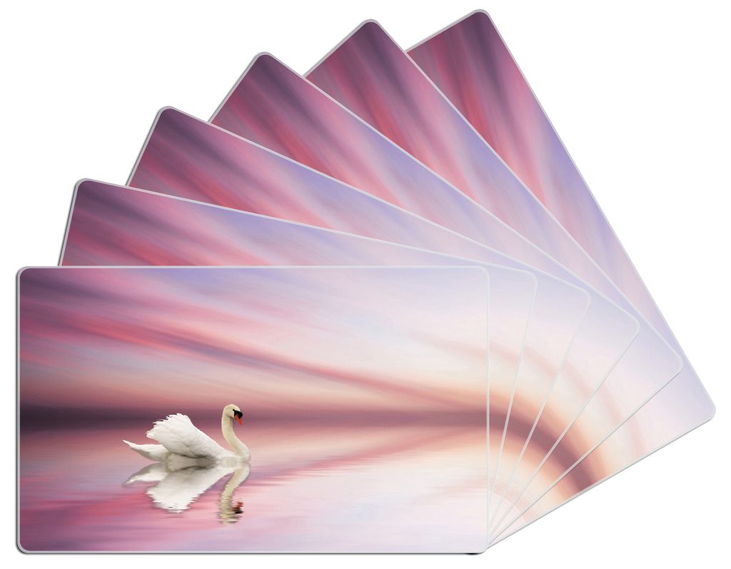 Wallario Frühstücksbrettchen 6er Set aus Glas, je 14 x 23 cm, mit rutschfesten Füßen, Motiv Weißer Schwan im rosafarbenen See
