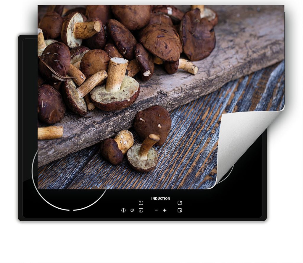 DarHaus Herdabdeckplatte 80x52 cm Anti Rutsch Matte Aufrollbar, Champignons - Holz