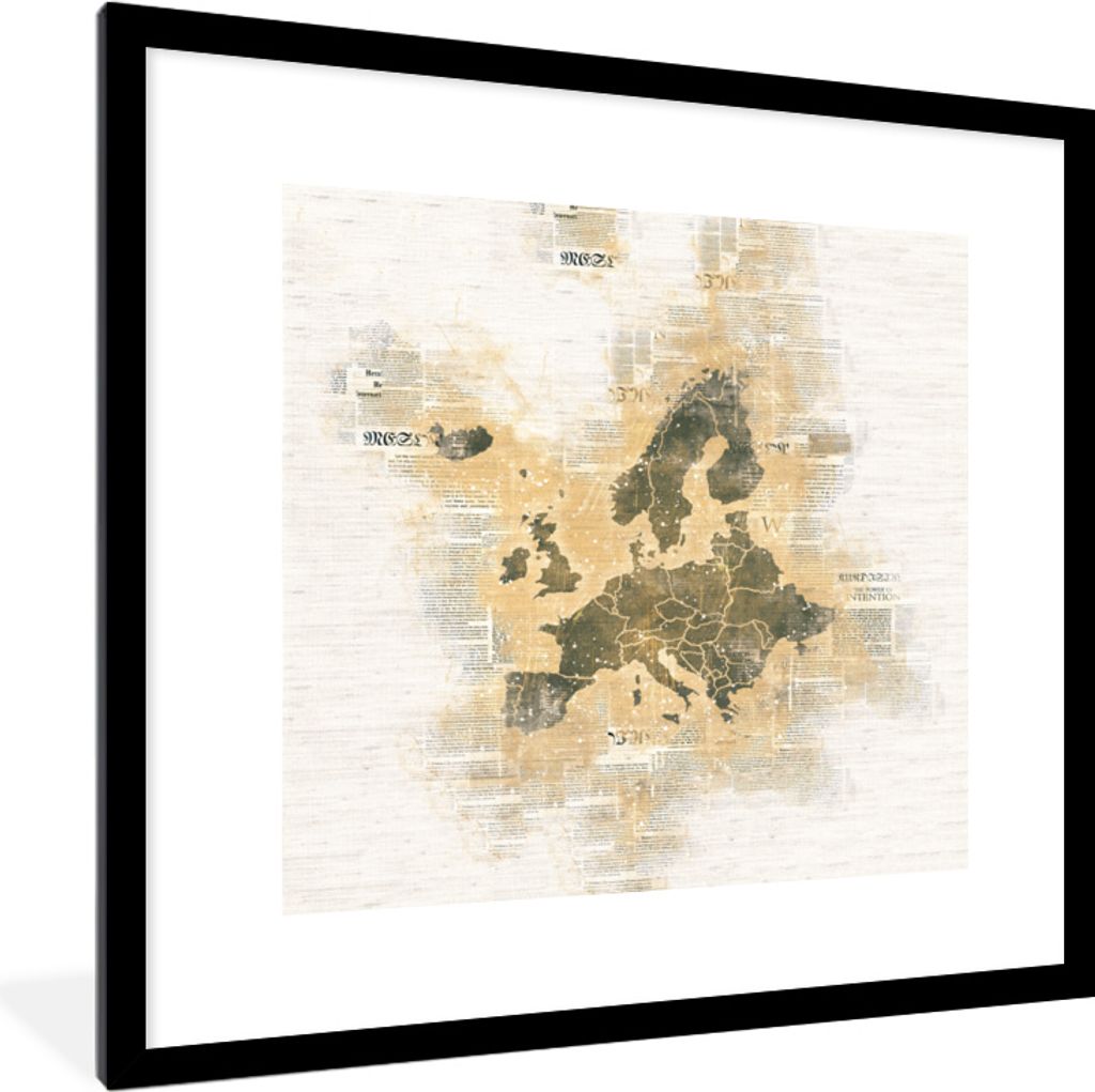 MuchoWow MuchoWow Gerahmtes Poster Europa Karte - Vintage - Papier 40x40 cm - Poster mit zchwarzem Bilderrahmen - Poster - Plakat im Rahmen