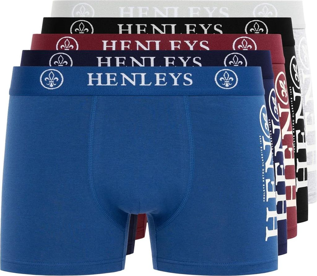 Henleys - "Kelmack2" Boxershorts für Herren (5er-Pack) BG2166 (L) (Blau/Schwarz/Weinrot/Grau/Marine)