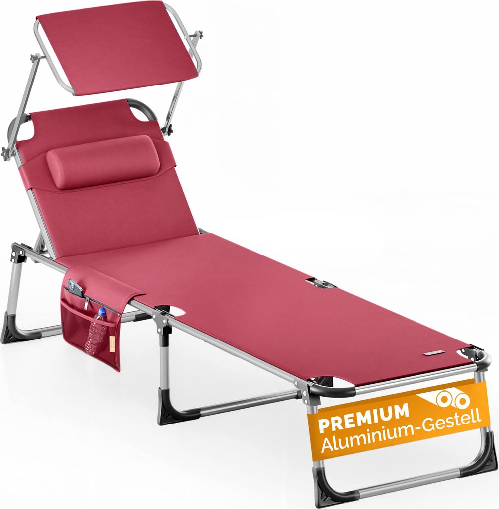 CASARIA Sonnenliege Klappbar Wetterfest Gartenliege mit Dach Kissen Seitentasche 180kg Belastbar Leicht Alu Garten Liegestuhl Relaxliege Pool Rot