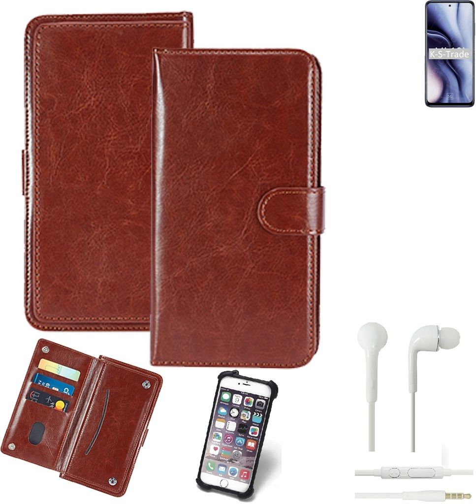 K-S-Trade 360° Hülle kompatibel mit Xiaomi Mi 10i inkl. Headphones braun Kunstleder Case BookCase WalletCase Kunstlederederhülle Handyhülle,