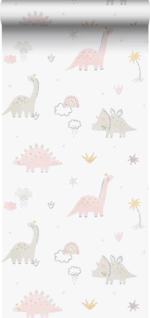Sanders & Sanders Tapete Dinosaurier Hellrosa, Weiß und Grau 53 cm x 10.05 m