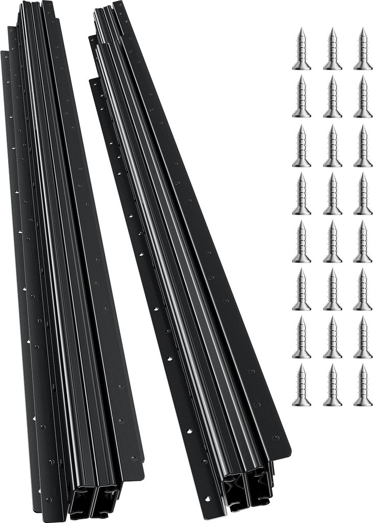 Two sets of black drawer slides and a set of screws are arranged diagonally on a white background.
