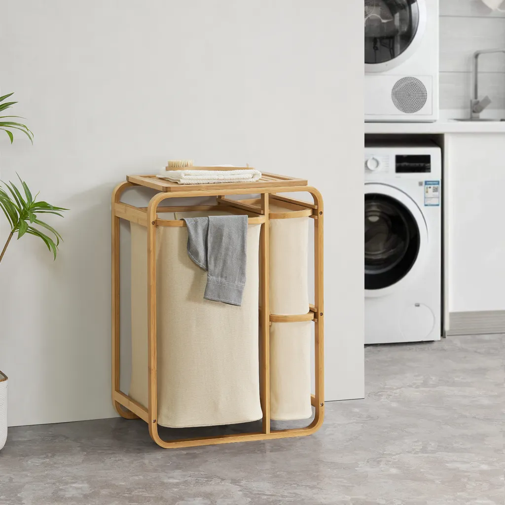 Raccoglitore per biancheria 'Evenes' con ripiano e 3 cesti in bambù 70,5 x 49,5 x 33 cm Beige