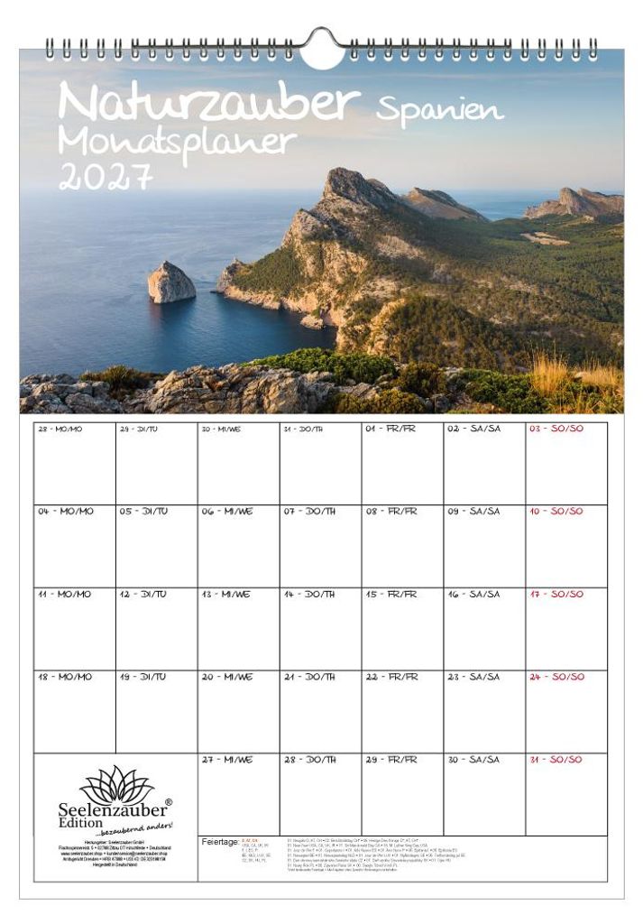 Naturzauber Spanien Planer DIN A3 Kalender für 2027 Landschaft Natur Madrid Urlaub - Set-Inhalt: 1x Kalender 1x Weihnachtsanhänger 1x Grußanhän...