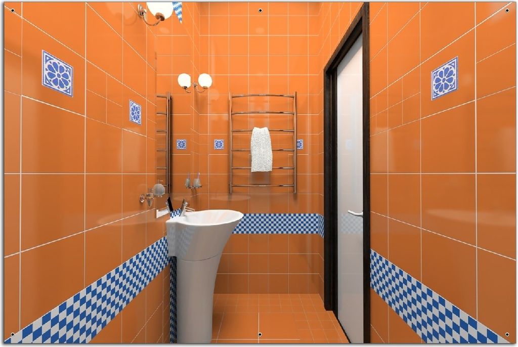 Wallario Outdoor-Poster für Garten oder Balkon, Motiv Modernes Badezimmer in orange mit blauen Fliesen, in ca. 61 x 91,50 cm