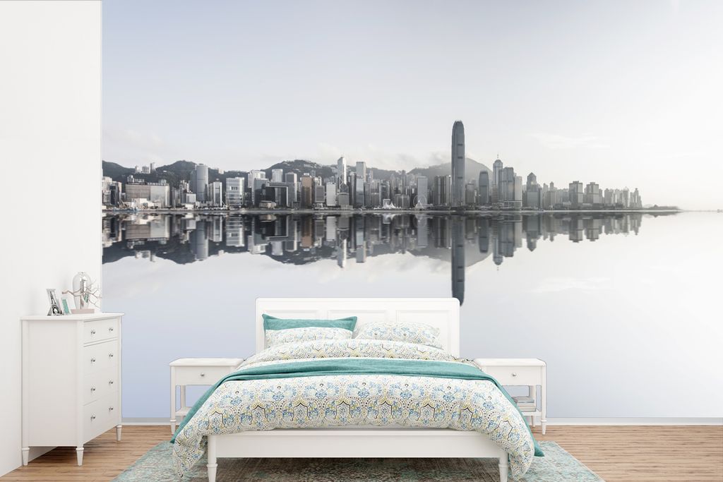 MuchoWow Fototapete für Wohnzimmer oder Schlafzimmer Wandtapete Vinyl Motivtapete Hong - Kong - Wasser - Skyline - 525x350 cm - Das Hintergrundbild