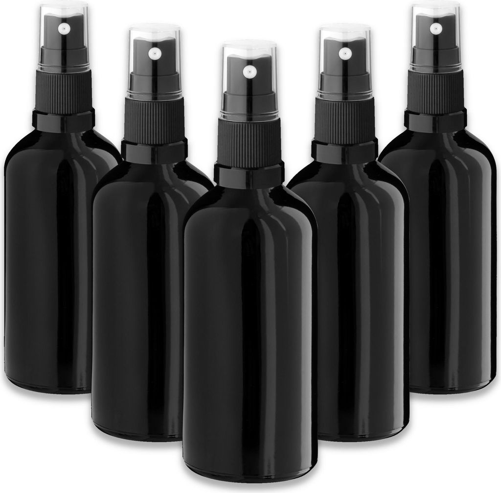 5x Glasflasche schwarz 100 ml mit schwarzem Zerstäuber & Kappe Flasche