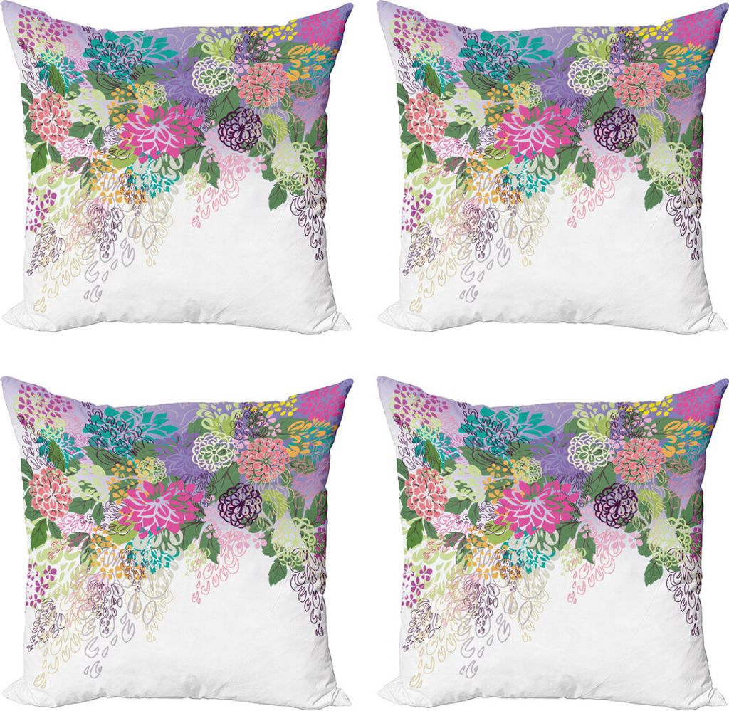 ABAKUHAUS Blume Kissenbezug Set (4 Stück), Vintage Boho Inspiration, Moderner Doppelseitiger Digitaldruck, 50 cm x 50 cm, weiß Violett