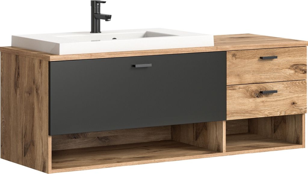 Waschbeckenunterschrank "Grado" in nox oak mit 2 Fächern und Absetzungen in grau matt. Abmessungen (BxHxT) 140x50x48 cm