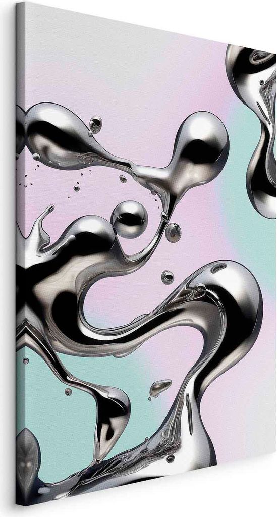 Italienischer Leinwand Leinwandbild - Metallic Fluidity - Abstract Silver Forms on a Mint-Purple Background 40x60 cm Abstrakt a-C-10141-b-a