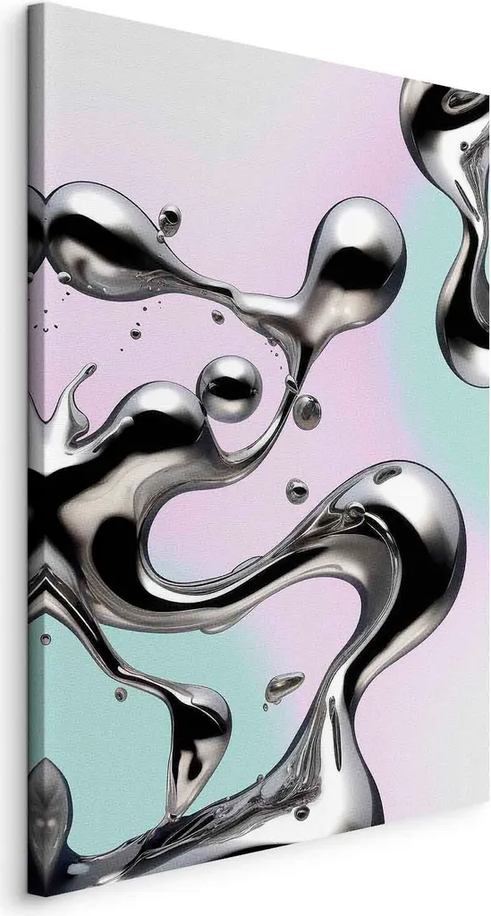 Quadro Astratto 80x120 Fluidità Metallica Argento su Viola Menta