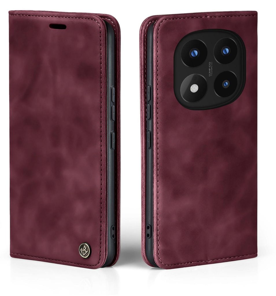 A product shot of a burgundy flip phone case for a Xiaomi Redmi Note 14 Pro 5G / Pro+ 5G, shown from two angles.