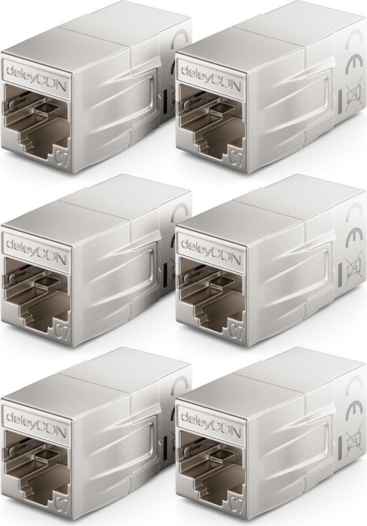 deleyCON 6 Stück CAT 7 Kupplung Verbinder Adapter Metall Patchkabel LAN DSL Ethernet RJ45 Verlängerung 2x RJ45 Buchse 600 MHz 10Gbps Silber