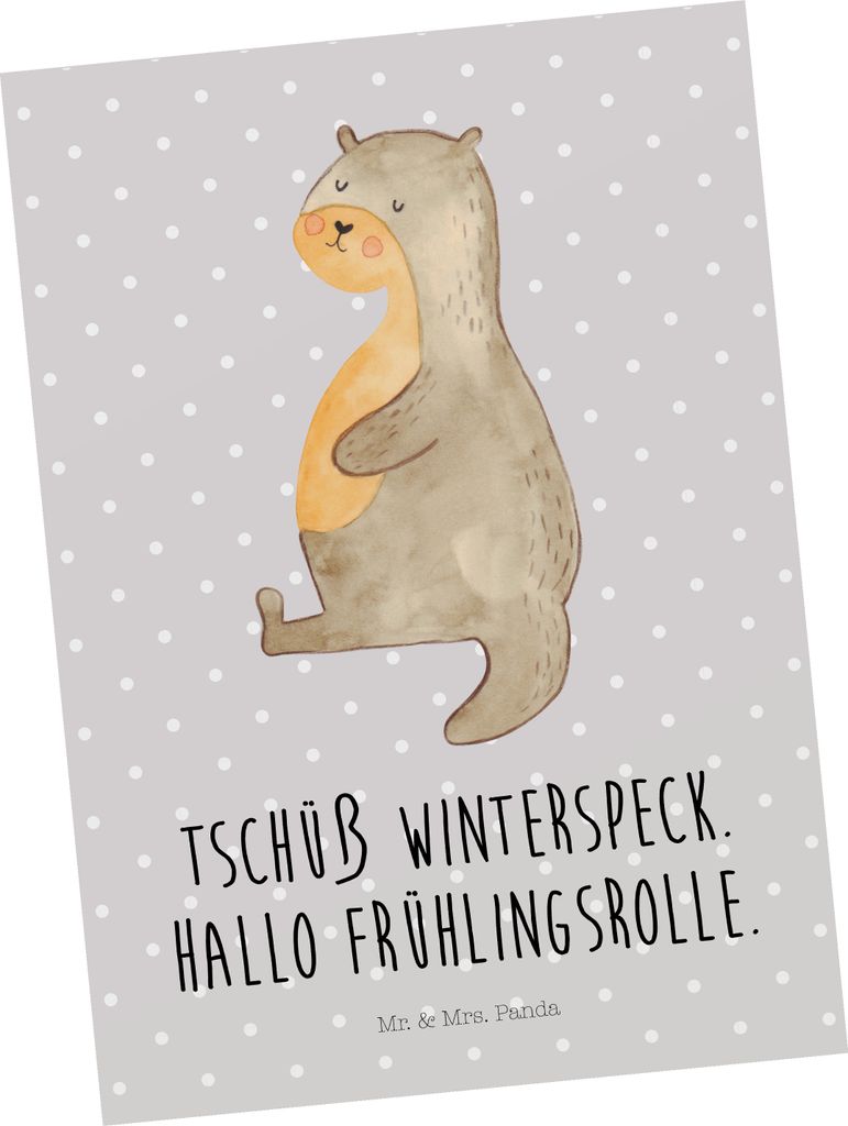 Mr. & Mrs. Panda Postkarte Otter Bauch - Grau Pastell - Geschenk, bildkarte, Seeotter See, dick, Ansichtskarte, Grußkarte, Sportmuffel, Winterspec...