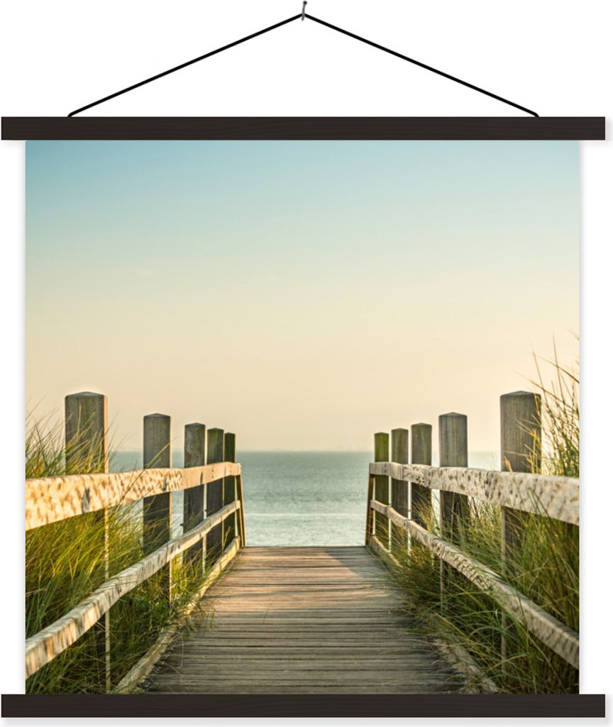 MuchoWow Textilposter Meer - Weg - Zaun 90x90 cm mit schwarzem Rahmen - Magnetisches