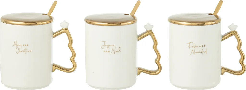 Mug Xmas Céramique Blanc et Or avec Cuillère Intégrée - Style J-Line