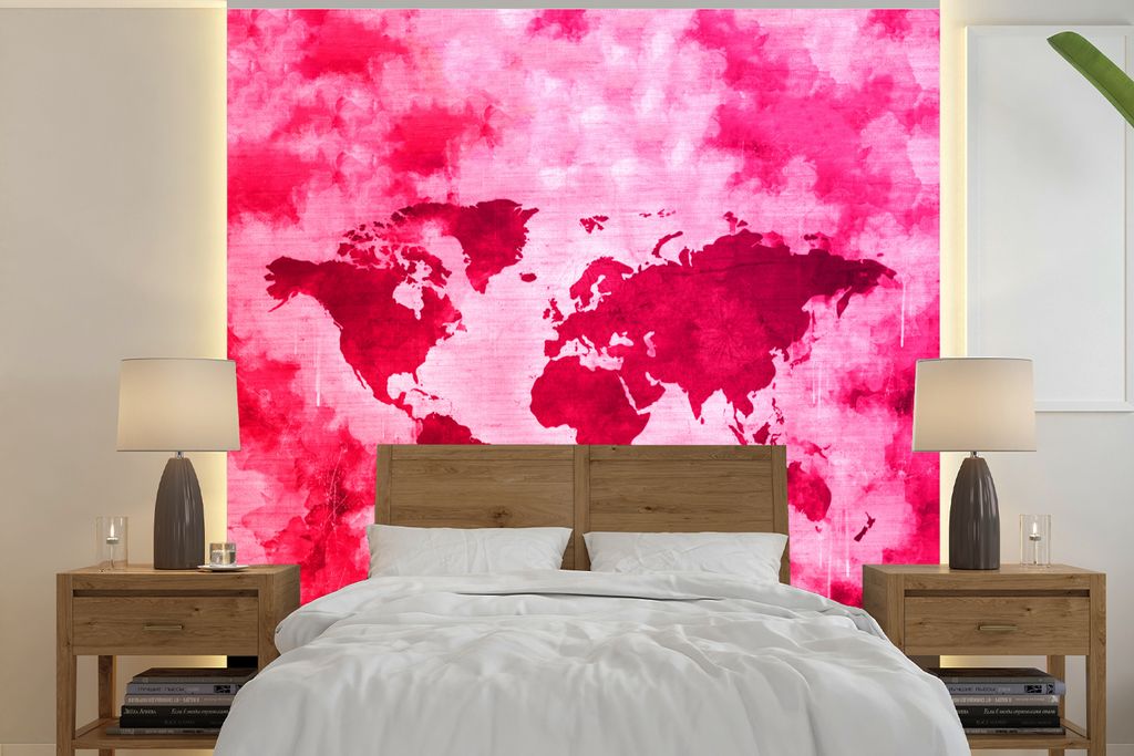 MuchoWow Fototapete für Wohnzimmer oder Schlafzimmer Wandtapete Vinyl Motivtapete Weltkarte - Farben - Rosa - 260x260 cm - Papiertapeten