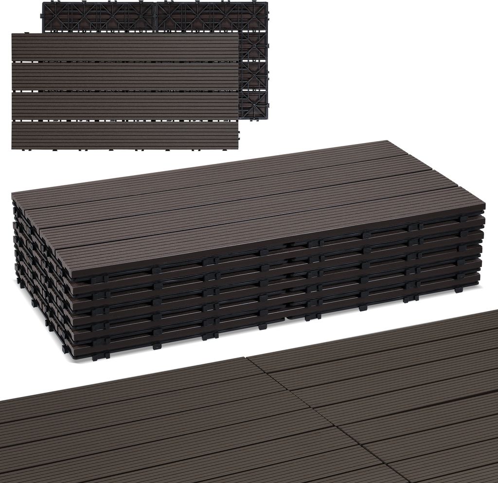 Faziango 12er Set WPC Terrassenfliesen, 4 Lamellen, 30 × 60 cm, für Garten Balkon Bodenbelag, Klicksystem, Kaffee braun
