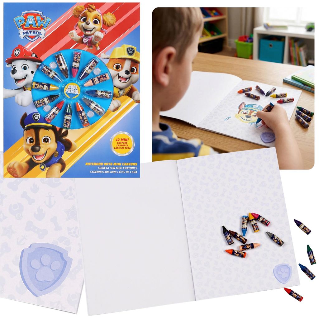 PAW Patrol Kreativ-Malset für Kinder, Schreib- und Malset mit Notizbuch und 12 Mini-Wachsmalstiften