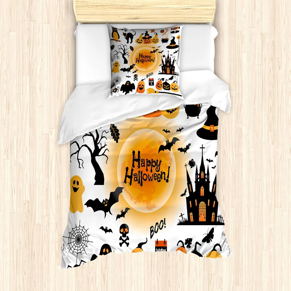 Copripiumino Halloween ABAKUHAUS 135x200: Gatto Nero e Gufo Arancione