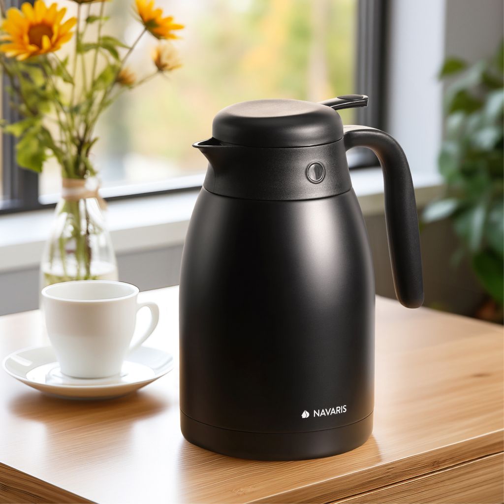 Navaris Isolierkanne Warmhaltekanne aus Edelstahl 1,5l - isolierte Kanne für Tee Kaffee - für heiße und kalte Getränke - auslaufsicher - matt s...