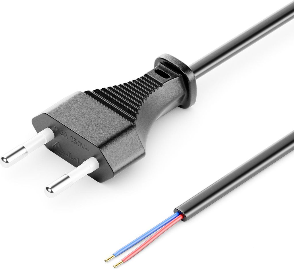 deleyCON 3,0m Euro-Netzkabel - Offenes Kabelende - Stromkabel, Ersatzkabel, Anschlusskabel, Zuleitung - Typ C Flacher Euro Stecker - für Leuchten,...