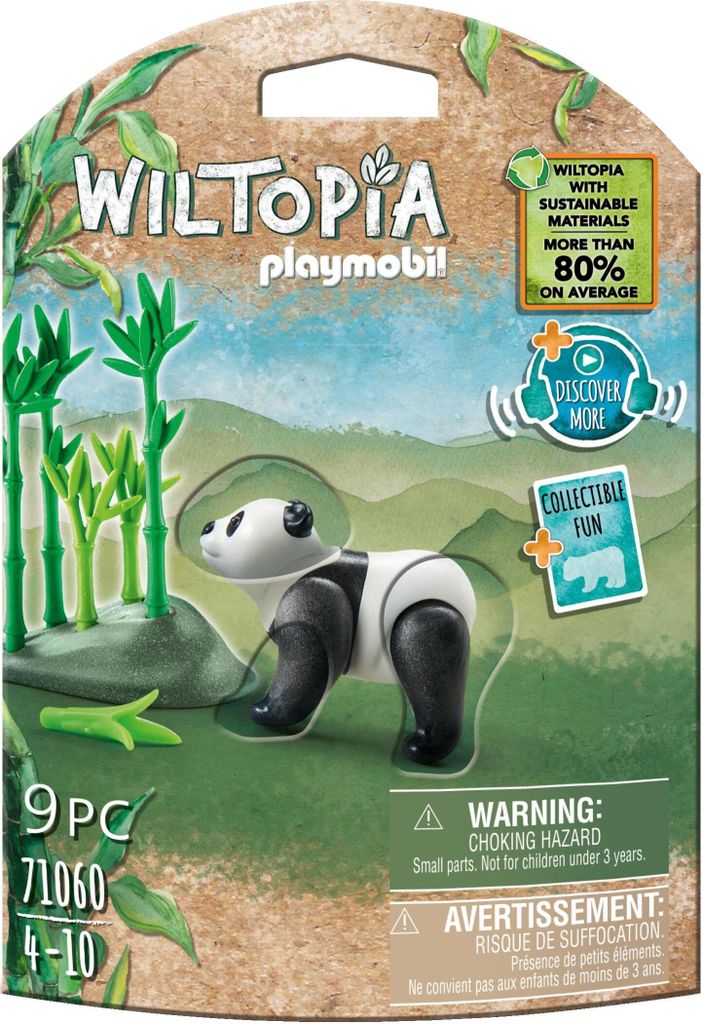 The packaging for a Playmobil Wiltopia panda toy set, featuring a panda figure and bamboo stalks against a natural landscape background.
