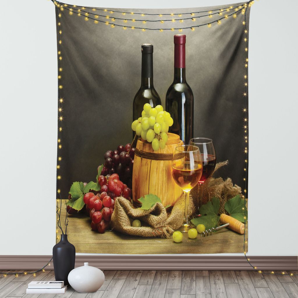 ABAKUHAUS Weingut Wandteppich, Fass Flaschen Und Gläser Wein Und Reife Trauben Auf Holztisch Bild Druck, Wohnzimmer Schlafzimmer Seidiger Satin Wa...