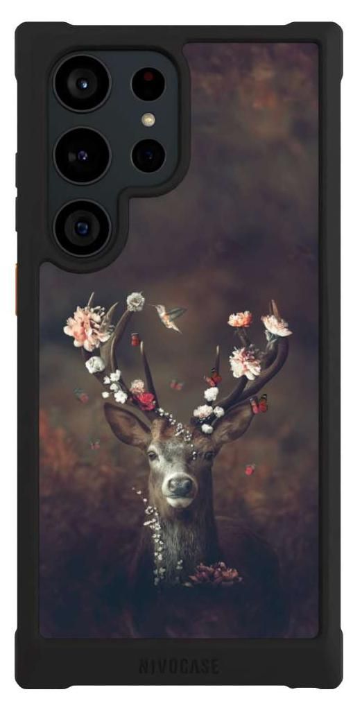 NIVOCASE Hülle für Samsung Galaxy S23 Ultra Stoßfeste Handyhülle NIVOmax Case Schwarz Blumen Rehe Rentier