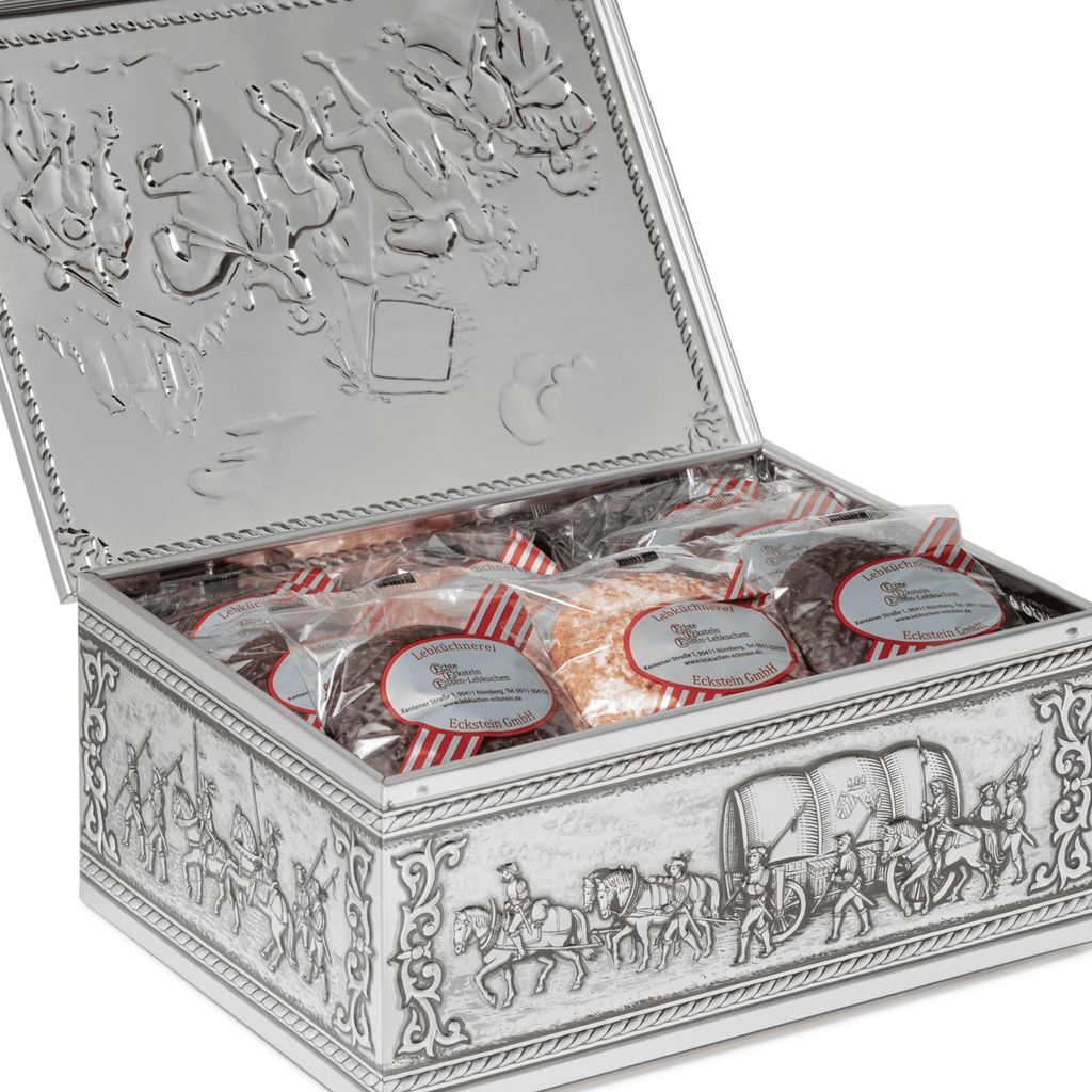 Nürnberger Elisen-Lebkuchen - 45 Stück gemischt in silberner Geschenktruhe -3375g - Echte Eckstein Elisenlebkuchen
