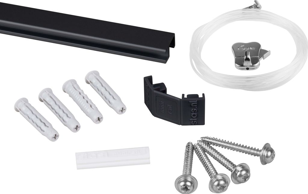 STAS Bilderschiene – Bilderaufhängesysteme / Fotorahmen / Poster – Galerieschiene – Minirail + Perlonseil 150 cm + Zipper bilderhaken