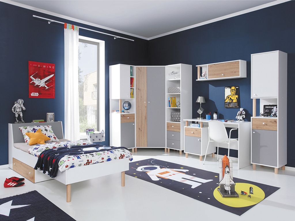 Jugendzimmer Set 7-teilig FAIRFAX-133 mit Jugendbett 90x200cm in weiß mit Eiche und grau