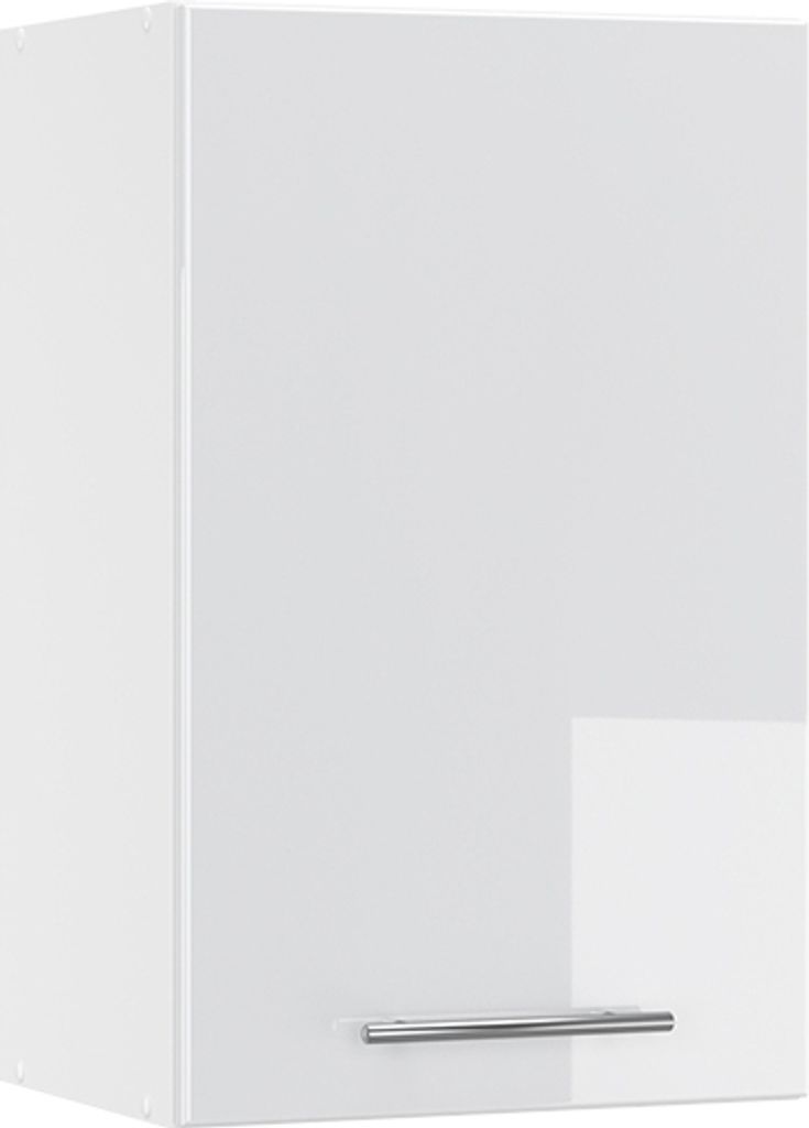 A white high-gloss wall cabinet with a silver handle.