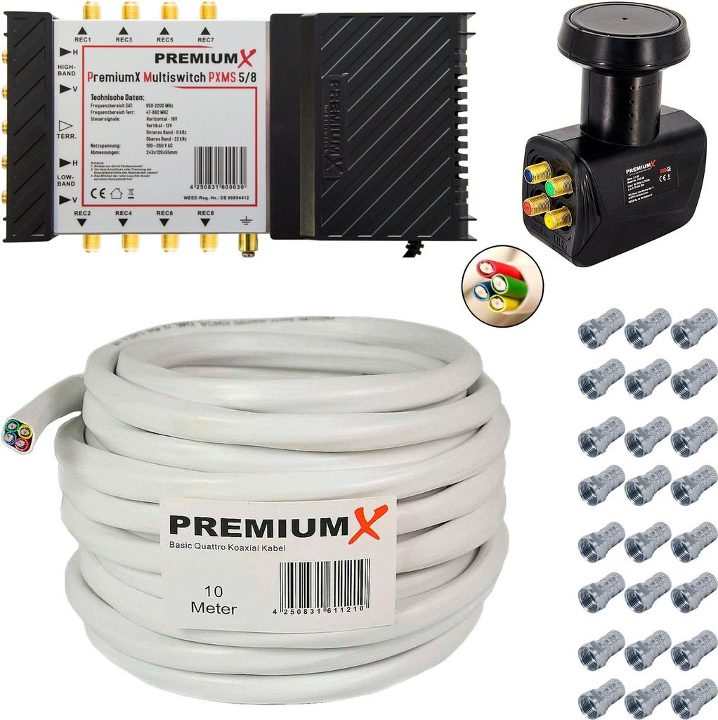 PremiumX Multischalter SAT 5/8 Netzteil 10m Quattro Antennenkabel Quattro LNB
